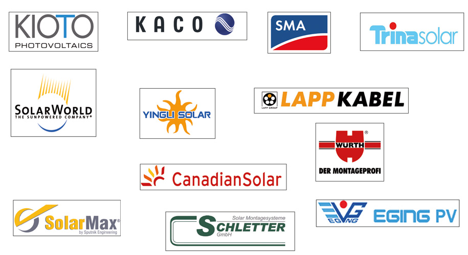 Kioto, Kaco, SMA, Trinasolar, SolarWorld, Yingli Solar, Lapp Kabel, Canadian Solar, Würth, Solar Max, Schlechtter Solar Montagesysteme, Eging PV